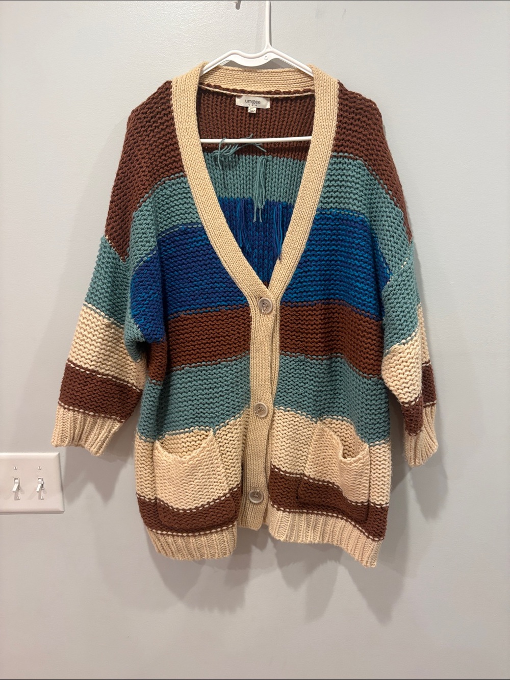 Umgee Chunky Striped Button Cardigan - Brown, Teal, Blue, Cream ptp 25 by 33